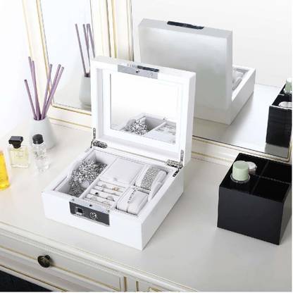Moda Tech Fingerprint Jewelry Box Organizer Safe Fingerprint Jewelry Lock Box 2-Layer Display Storage Case with Key,Fingerprint Sensor and Mirror(White) Jewelry, Fingerprint Lock Vanity Box
