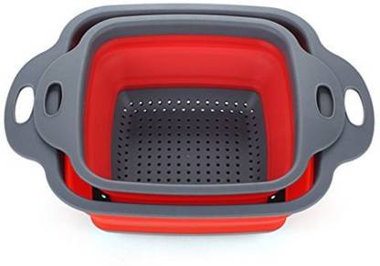 prisma collection Foldable Collapsible Kitchen Colander 2 Pcs Square Collapsible Washing up Bowl Silicone Strainer Set Filter Basket 2 Sizes (RED) Collapsible Colander