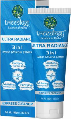Treeology 3 in 1 Ultra Radiance Tea Tree Oil Express Clean-up Wash, Himalayan Salt Scrub and Brazilian Clay Mask for cleansing and purifying the skin, 100 gm