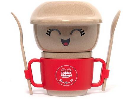 Lukka Chhupi Yum Yum Bamboo Fibre Feeder Set for Kids - Cheerful (Set of 5 Pieces: Cup, Bowl, Spoon, Fork, Stylish Headgear)  - Bamboo Fibre, Fibre