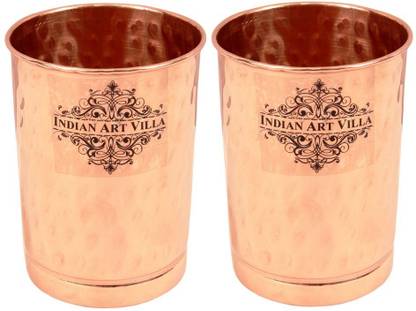 IndianArtVilla (Pack of 2) Pure Copper Flate Hammered Set of 2 Glass Tumbler 300 ML each - Serving & Drinking Water Home Hotel Restaurant Good health Benefit Glass Water/Juice Glass