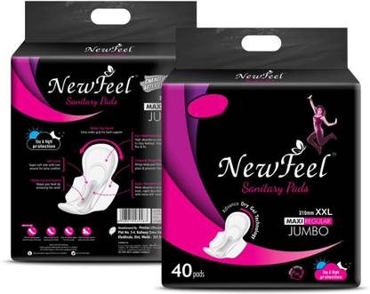 NEW FEEL JUMBO Wings Sanitary Pads with Wings Secure (XXL - 320mm) (40 Pcs Sanitary Pad with 10 Pcs Panty liners free) Sanitary Pad