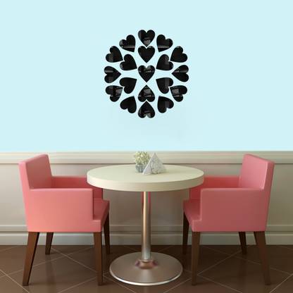 SUDARSHAN DESIGNS 48 cm Beautiful Hearts Acrylic 3D Mirror Wall Sticker (Black) Self Adhesive Sticker