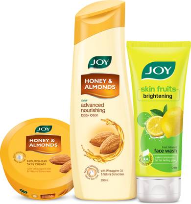 Joy Honey & Almonds Advanced Nourishing Body Lotion 300ml + Honey & Almonds Nourishing Skin Cream 200ml+ Skin Fruits Active Brighteing Lemon Face Wash 100ml