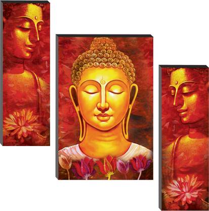 Masstone Lord Buddha Face Religious HD 3 Piece MDF Painting Digital Reprint 18 inch x 24 inch Painting