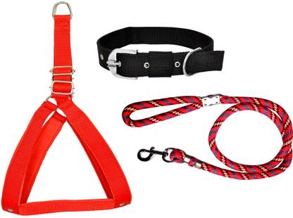 BODY BUILDING Dog Belt Combo of Red Dog Body Cross with Black Dog Collar with Red Lead Dog Collar & Leash