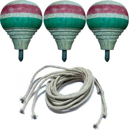 Kanger Valley Wooden Spinning Top / Lattoo / Lattu With Threads (7/5 cm, Pack of 3)