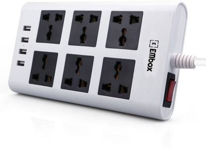 EMBox Power Strip Extension Cord with USB Port and Surge Protector| 4 USB(3.4 A) Ports with Indicator, 6 Universal Sockets | 2Mts 6  Socket Extension Boards