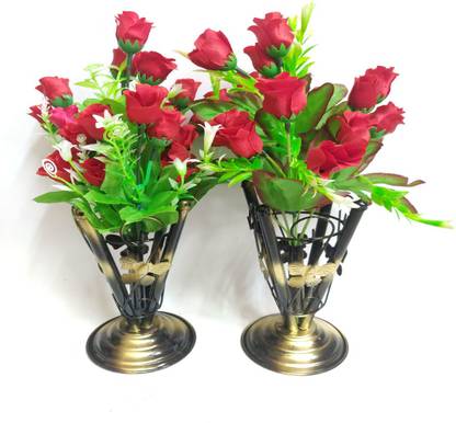 artificial hub Rose Lilies Flower with iron vase COMBO Red Rose Artificial Flower  with Pot