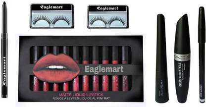 eaglemart Smudge Proof Kajal TL With Set of 12 Liquid Matte Lipsticks And 3in1 Eyeliner Mascara Eyebrow Pencil And False Waterproof Eyelashes