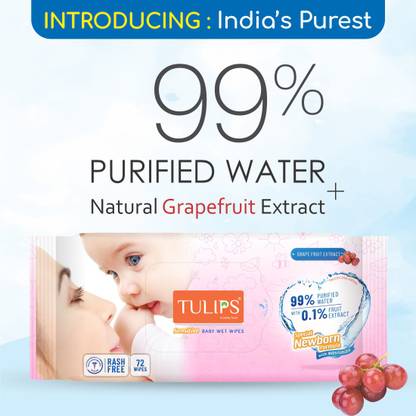 Tulips Baby Wet Wipes (72 Wipes x 3 Packs) for Gentle Cleaning/ Moisturising, Rash Free, 99% Purified Water with Grapefruit Extracts