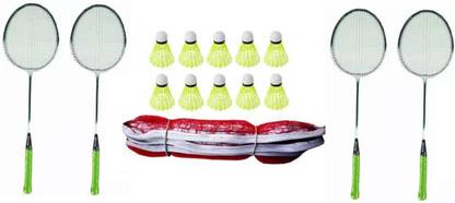 Monika Sports 4 Single Shaft Racquet + 2 Sided Niwar tape badminton net + 6 pc nylon shuttle Badminton Kit