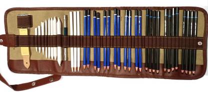 ART PAVILION 39 PCS PROFESSIONAL ART SET FOR ARTISTS WITH 12PC OF CHARCOAL PENCIL ,12 SKETCHING PENCIL , 3 PC OF WHITE CHARCOAL PENCIL ,1 PENCIL EXTENDER, 8PC OF PAPER STUMP , 1 KNEADED ERASER ,1 PENCIL WRAP