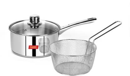 Sumeet S.S. Induction Bottom Casserole No. 12 (3 LTR – 21.5cm) with Glass Lid & S.S. Wire Mesh / Deep Fryer Basket / Strainer with Resting Feet (Set of 3Pc) Non-Stick Coated Cookware Set