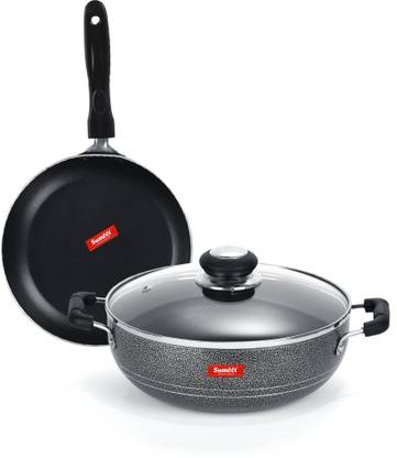 Sumeet NonStick Kumush Cookware Set (Kadhai With Glass Lid -2Ltr - 22Cm Dia + Tapper pan - 0.6Ltr - 20Cm Dia) Non-Stick Coated Cookware Set
