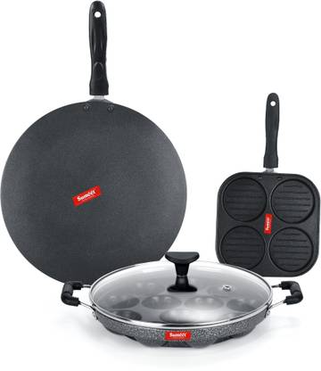 Sumeet NonStick Boz Cookware Set (Mini Multi Snack Maker - 4 Cavity -19.5cm + Grill Appam Patra with Glass Lid - 12 Cavity - 22cm Dia + Conceve / Roti Tawa - 28Cm Dia) Non-Stick Coated Cookware Set