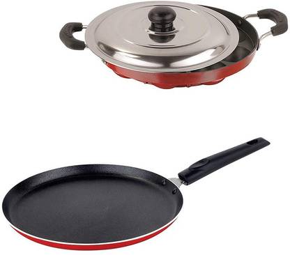 NIRLON Nonstick 3 Layer Non-Stick Combo Cookware Set Flat Tawa 27.5 & Appampatra Non-Stick Coated Cookware Set