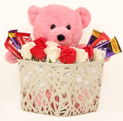 TIED RIBBONS Gift for Girlfriend on Valentines Day Wife Girlfriend Girls Her - Love Gift Pack ( Basket , Scented White and Red Rose Flowers , Big Teddy , Kitkat and Dairy Milk Chocolates ) Assorted Gift Box