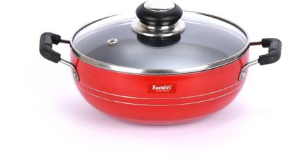 Sumeet Summet 2.6mm Non Stick Glasso Deep Kadhai With Glass Lid - 1.5 Ltr - 20cm Dia (Red) Kadhai 20 cm diameter with Lid 1.5 L capacity