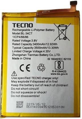 Tecno Mobile Battery For  Tecno Camon-iSky3 , Camon-i4, KB3, CB7 , CB7J , KB7 , KB7J