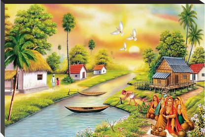 Masstone Beautiful Natural Scenery of Village Self Adhesive MDF Painting Digital Reprint 12 inch x 18 inch Painting