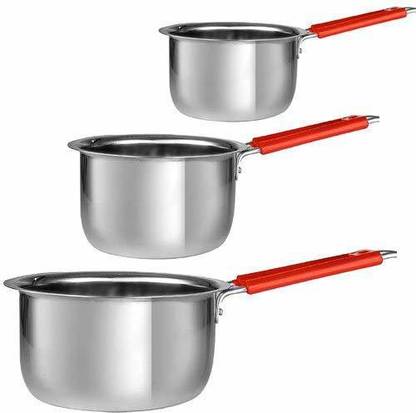 Sharda Metals Gas and Induction Base Stainless Steel Tea/Coffee Tope Saucepan with Handle, Silver, Set of 3 Sauce Pan 9 cm diameter 1.5 L capacity