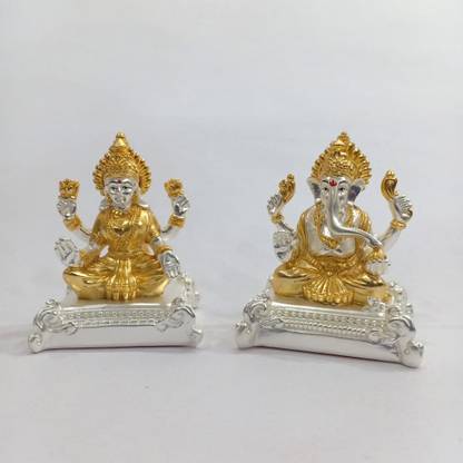 VACCHI Laxmi Ganesh Murti Idol | Real 24kt Gold & 999 Silver Plated Laxmi Ganesha Murti Statue for Home Temple | Lakshmi Ganesha Statue Idols Decorative Showpiece  -  8 cm