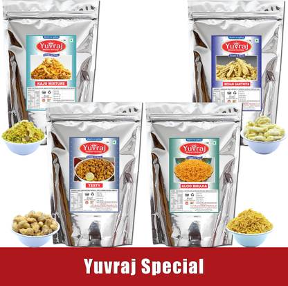 Yuvraj Food Product Snacks Quality Bikaneri Namkeen kaju mixture , Aloo bhujiya , besan ganthiya , Testy combo pack of 4 (200 gm * 4 )