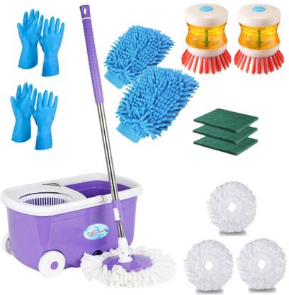 Shivonic Shivonic Advance Big Basket Bucket mop for Cleaning house and floor with 3 Microfiber Riffle Standard Color PURPLE Bucket Bucket, Mop, Mop Refill, Glove, Cleaning Brush, Toilet Brush