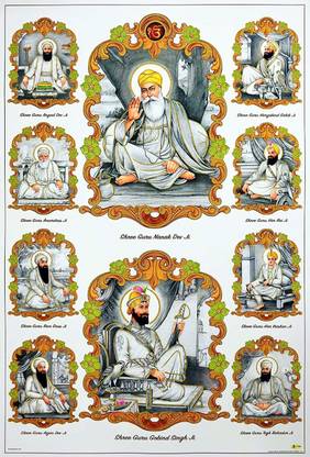 Sikh 10 Gurus Zari Art Work Fine Print Poster Without Frame Big (24 X 36 Inches) Religious Wall Decor Fine Art Print