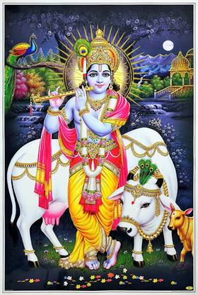 Krishna Bhagwan Zari Art Work Fine Print Poster Without Frame Big (24 X 36 Inches) Religious Wall Decor Fine Art Print