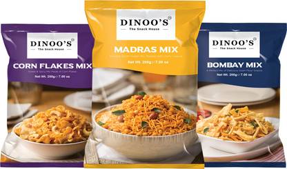 Dinoo's Combo of Indian Snacks, 200 GMS( Madras Mix, Bombay Mix & Cornflakes Mix)