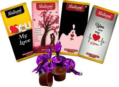 Midiron Chocolate Gift Box, Love Quoted Chocolate Bar with Bite in Chocolate Beautiful Tin Box Gift for Valentine day ( 4 Bar ) Bars, Brittles