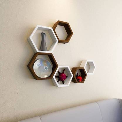 Expert Enterprises Hexagon Shape Storage Wall Shelves Rack ( White And Brown) Set Of 6 MDF (Medium Density Fiber) Wall Shelf