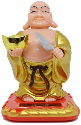 BlankLeaf Solar Laughing Buddha with Waving Fan-10CM | Moving Head & Fan | for Health Wealth & Prosperity Decorative Showpiece - 10 cm