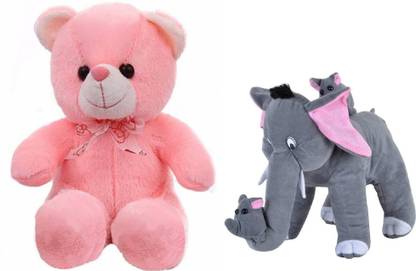 PMP TOYS Sitting Cute Red Teddy Bear With Soft Grey Mother Elephant With 2 Cute Babys  - 60.08 cm