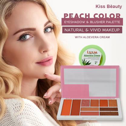 Kiss Beauty 8 Color Eyeshadow and 2 Color Blusher Pallet Natural and Vivid Makeup Shade-01 with Lilium Aloevera Cream 18 g