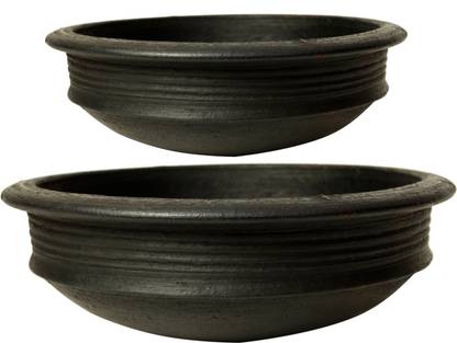 Ecocraft India Black Clay Pots/Earthen Kadai 1 Liter & 2 Liter Combo for Cooking and Serving/Deep Burned Kadhai 25 cm diameter 2 L capacity