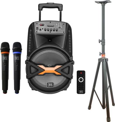 MX Premium 12 inches Portable Multimedia Trolley Speaker With Speaker stand and Built-in Amplifier Battery Bluetooth Usb Radio Fm Sd Card Aux Input & 2 Wireless Microphone Remote 3465A - 3712 MR Indoor, Outdoor PA System