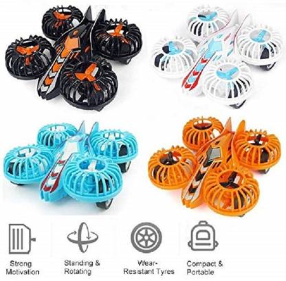 HALO NATION Friction Powered Aircraft UFO Drone with 4x4 Inertia Powered Wheels , Helicopter Pocket Car Runs on The Ground (Set of 4)