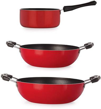 NIRLON Set of Kadai & Sauce Pan (Kadai 2 Liter, Kadai 2.5 Liter, Sauce Pan Medium 1.5 Liter) Non-Stick Coated Cookware Set