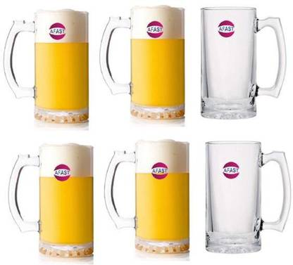 AFAST (Pack of 6) Funky Stylish Transparent Beer Mug With Handle, Glass, Clear, 500 ml Set of 6-Kt10 Glass Set Beer Mug