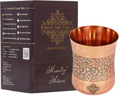 IndianArtVilla (Pack of 6) Set of Curved Copper Glass,Embossed Design, Drinkware, 300 ML Each Glass Water/Juice Glass