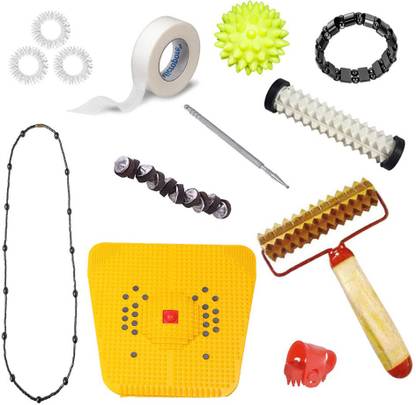 Accufit AG62 Acupressure Massager Tools Kit Combo With Magnetic Necklace, Full Body Power Roller & Foot Mat - Pyramidal Cuts Massager