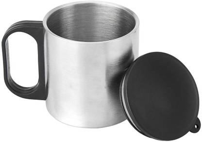 SVVM Steel Double Wall Steel Tea Cup Coffee with PP Handle & Lid - 190 ML - Set of 2pcs Stainless Steel Coffee Mug