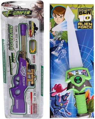 Ang Combo of Ben10 Swords / Weapon Toy (Talwar) with Flash Light with Soft Plastic Projectile Shoot Air Dot Gun for Kids