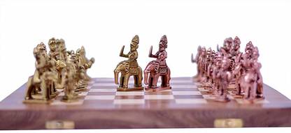 SOLUTION Rajasthani Copper and Golden Antique Wooden Chess Set Board Game 15 cm Chess Board