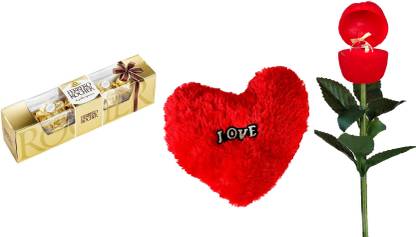 FERRERO ROCHER 4 Chocolates With Red Rose Shaped Musical Ring Case And Heart Shaped Red Cushion Combo
