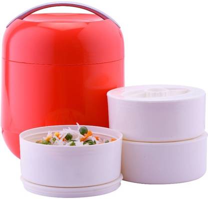 Oliveware Lunch Box - 3 Containers | Insulated Container | Carry Handle | Leak Proof & Microwave Safe | Complete Meal Hot Case - Red 3 Containers Plastic Office Lunch Box