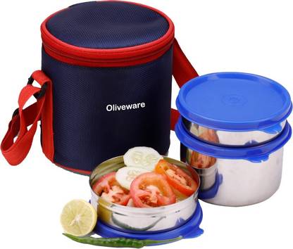 Oliveware Lovlely Stlyo Lunch Box | Stainless Steel Containers | Idle for Office Use | Insulated Fabric Bag | Leak Proof & Microwave Safe | Full Meal & Easy to Carry - Blue 3 Containers Lunch Box